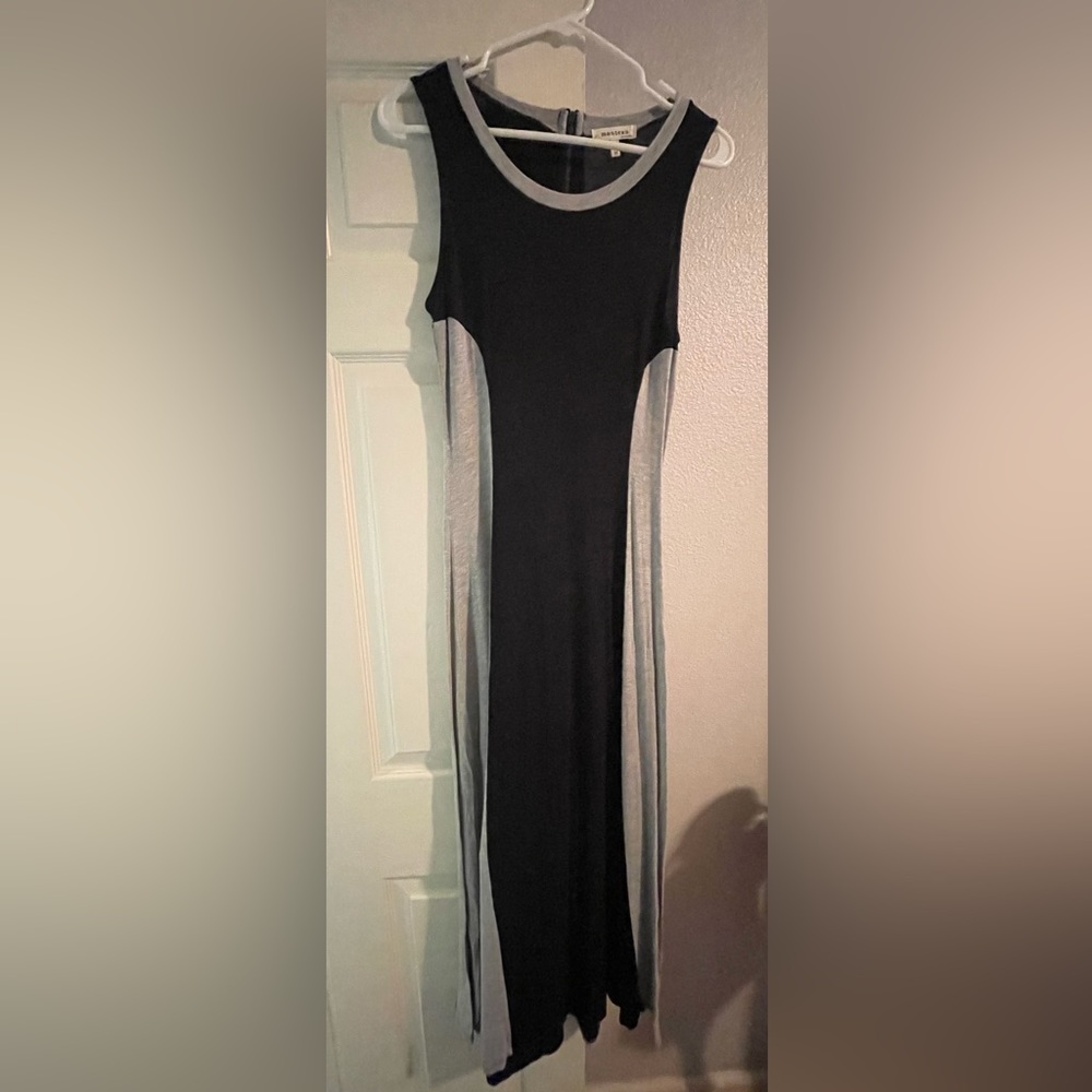 Black and gray block print maxi dress